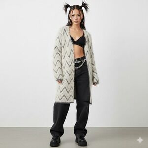 Vtg Y2K‎ MISS CHARM PARIS S Shag Faux Fur Duster Cardigan Grunge Rock Boho